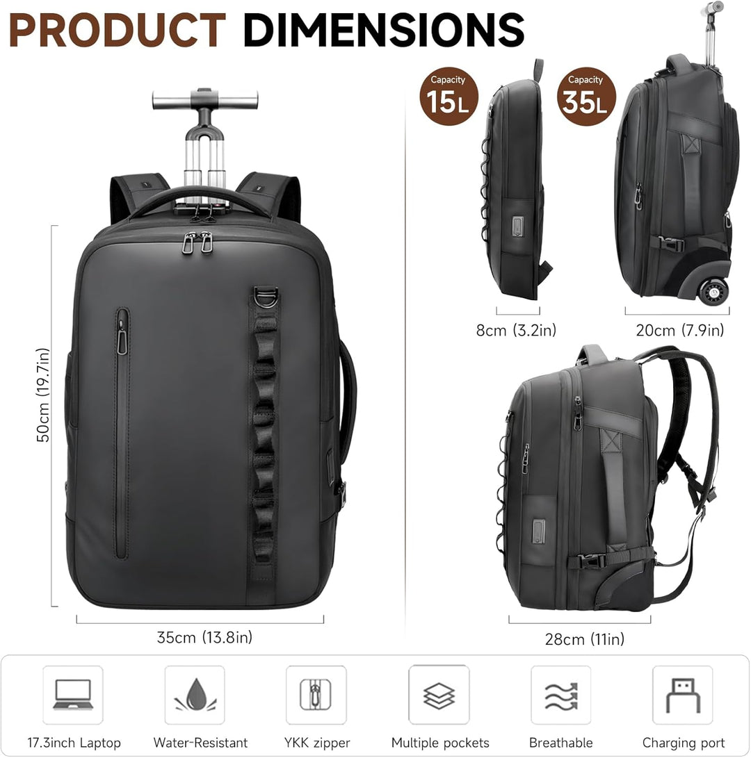 2-in-1-Reiserucksack mit Rollen, 50L Rucksack Trolley mit 17,3" Laptopfach- Handgepäck mit USB-C-Ans