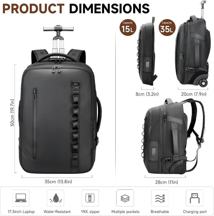 2-in-1-Reiserucksack mit Rollen, 50L Rucksack Trolley mit 17,3" Laptopfach- Handgepäck mit USB-C-Ans