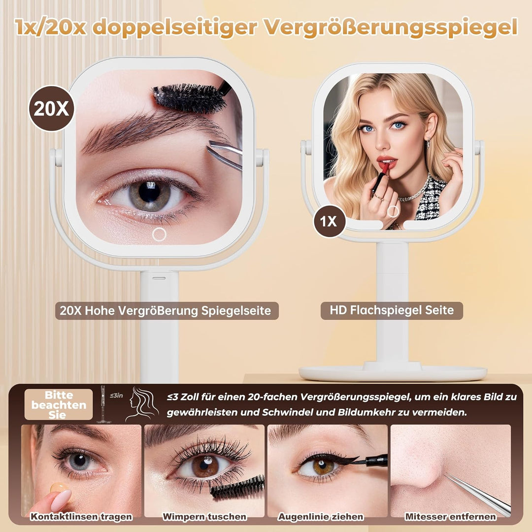 Schminkspiegel mit Beleuchtung, 20fache Vergrösserungsspiegel mit Licht, Abnehmbarer Kosmetikspiegel