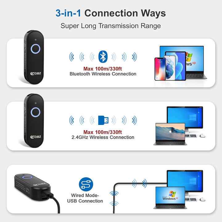 OBZ Mini Bluetooth Barcode Scanner Kabellos, 1D 2D Wireless QR Code Scanner 3-in-1 (USB/Bluetooth/2.