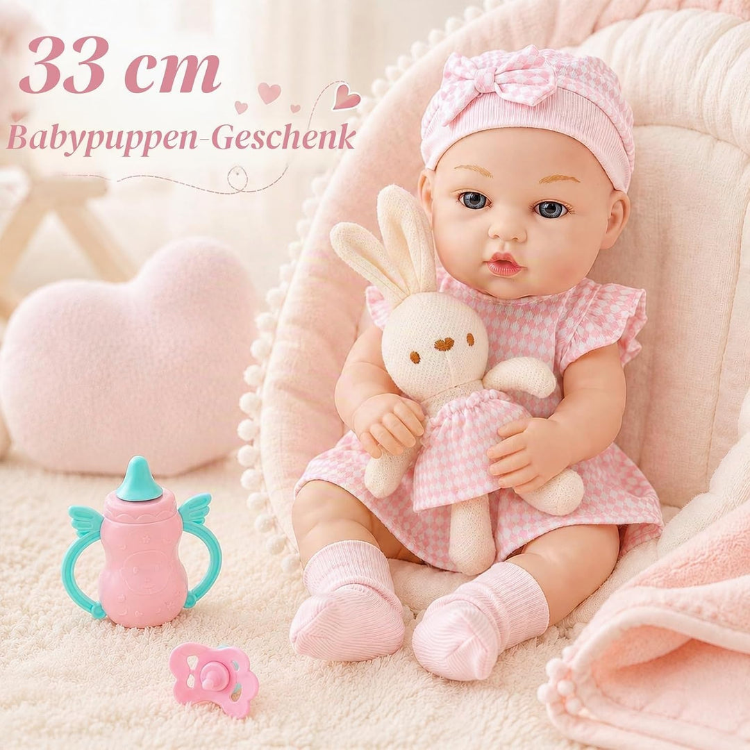 Puppenzubehör für Baby Puppe Zubehör, 33cm Grosse Babypuppe Puppenbett Puppenkleidung Fläschchen Sch