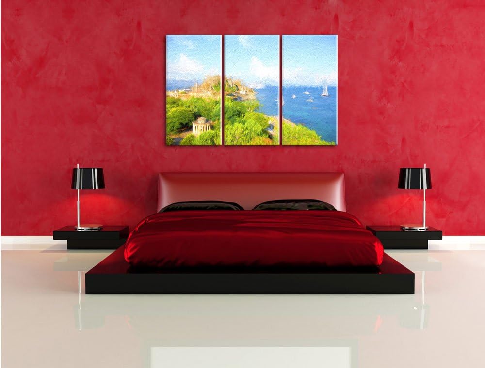 Pixxprint Griechische Insel Bunstift Effekt 3-Teiler Leinwandbild 120x80 Bild auf Leinwand