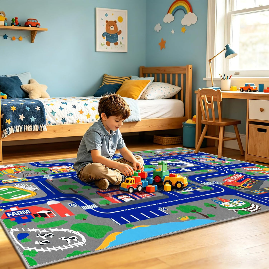 Capslpad Kinder Teppich Spielteppich für Kinder Stadt 100x160cm rutschfest Kinderteppich Spielmatte