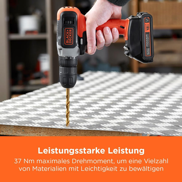 Black+Decker Akku-Bohrschrauber (18V/1.5 Ah, 10mm Schnellspannbohrfutter, 10-stufige Drehmomentvorwa