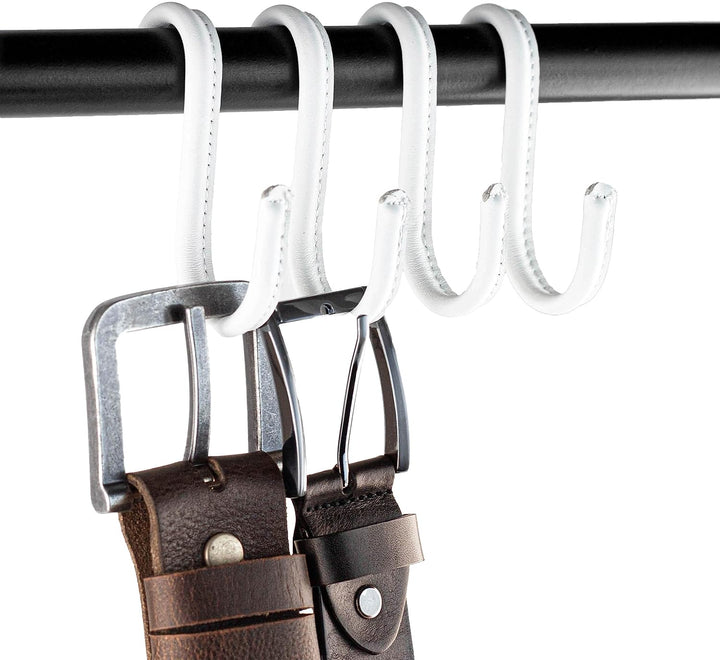 Brute Strength - S-Haken mit Vollnarbenleder umwickelt - 4 Stück - Weiss mit weissen Nähten - 10 cm