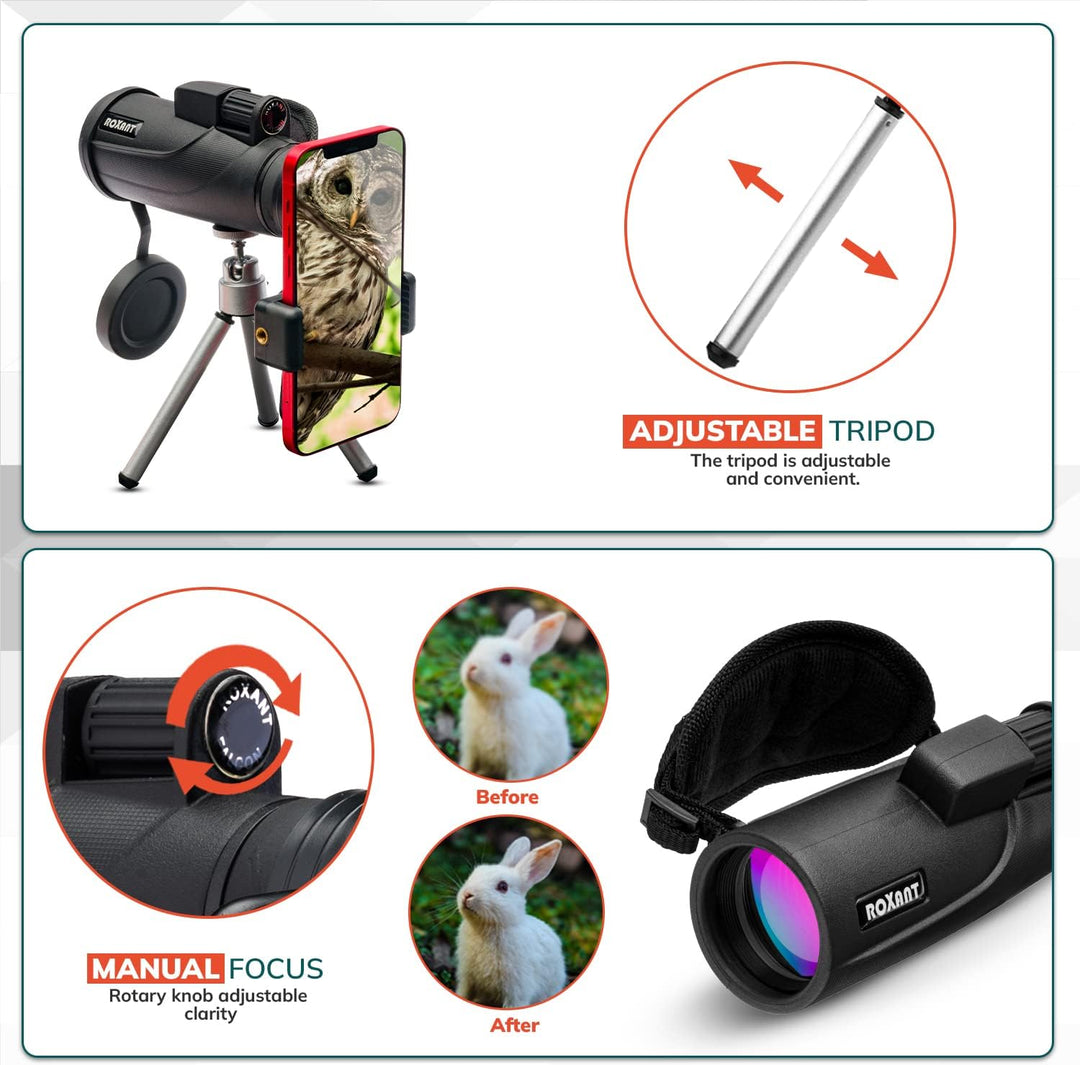 Authentic Roxant Falcon High Definition (One Finger Focus) Monocular + Phone Adapter, Mini Tripod, C