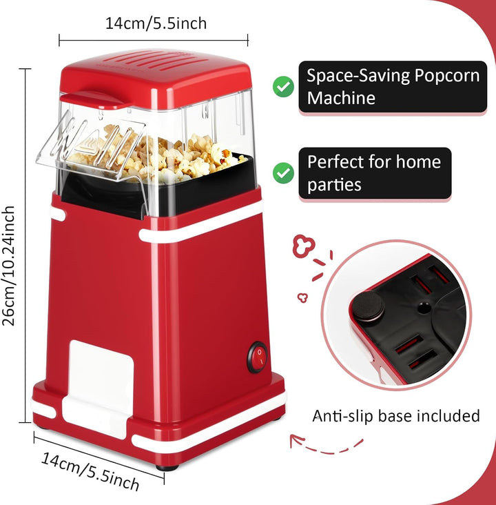 VINATO Popcornmaschine, 1200W Popcornmaschine Heissluft, Ölfreie Technologie, Tragbar Popcorn Maker