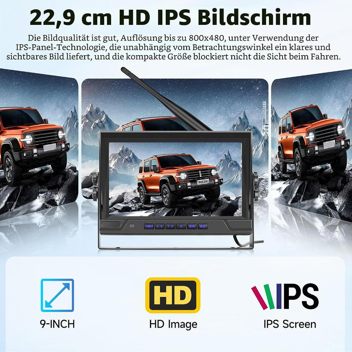 Rückfahrkamera Kabellos Kit, 1 Kamera mit 9 Zoll IPS Monitor, Rückfahrkamera mit IP68 wasserdichte,