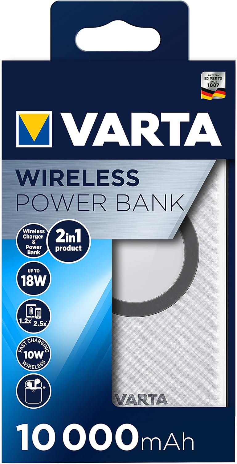 VARTA 2 in 1 Power Bank und Wireless Charger, kabelloses Ladegerät, Powerbank 10000mAh, Qi Ladestati