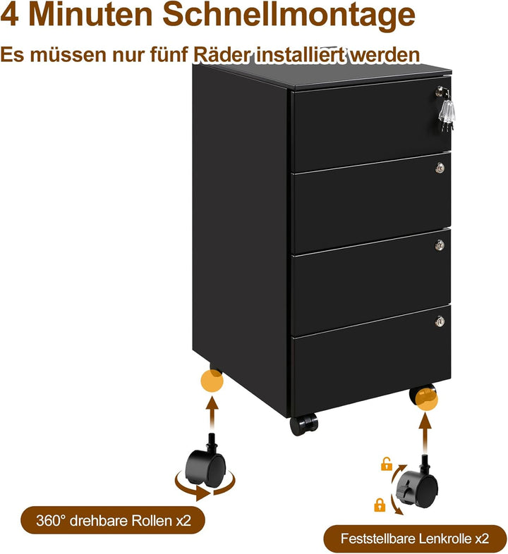 Rollcontainer, Mobiler Aktenschrank mit 4 Schlössern, 4 Schlüssel, 4 Schubladen, Rollcontainer Schre