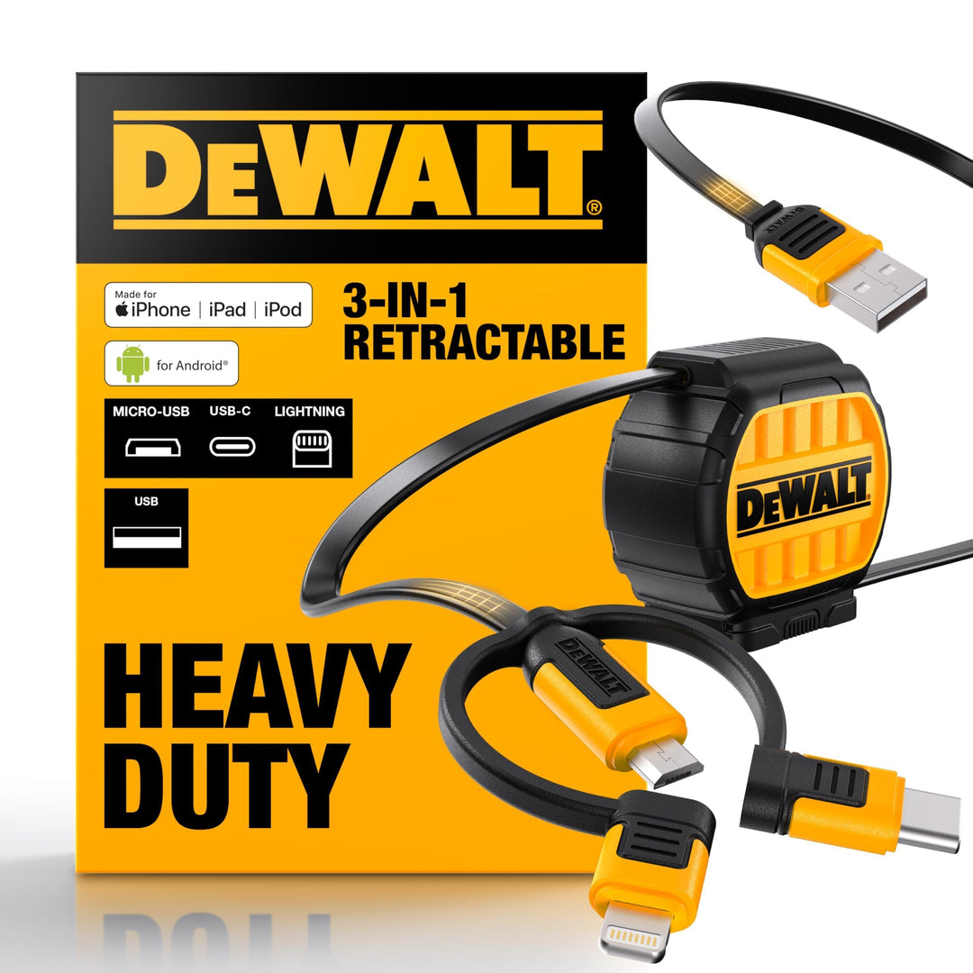 DEWALT 3-in-1 einziehbares Kabel - Multi-Ladekabel - Lightning, Typ C, Micro-USB-Kabel - Ladekabel f