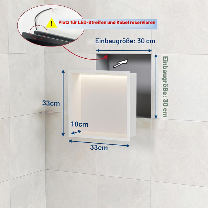 Wandnische Dusche Edelstahl mit LED-Licht, Eingebettete Duschnische Weiss Einzelregal Lagerung für B