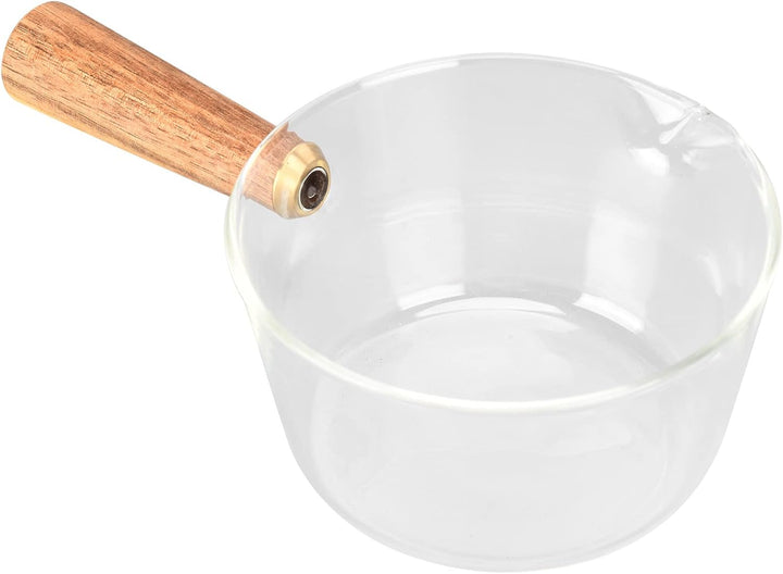 Milchtopf aus Glas mit V-Ausguss und Holzgriff, 400ml, Hitzebeständig, für Milch, Sossen, Nudeln, 40