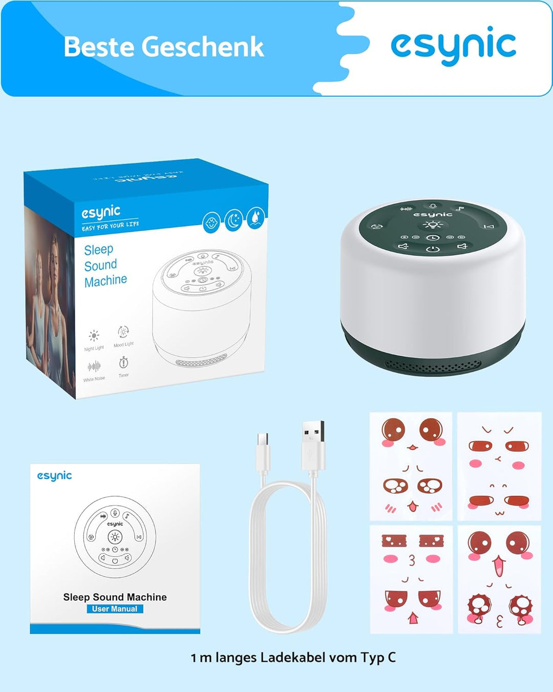 eSynic White Noise Machine–30 Klangoptionen, Schlafhilfe & Meditationshilfe, 7 LED-Farblichter, Atem