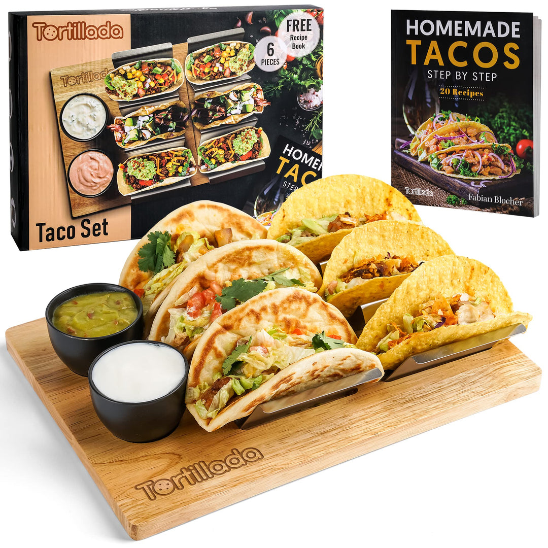 Tortillada - Taco Halter Set/Hotdog Halterung im Set aus Edelstahl für bis zu 6 Tacos - inkl. Servie