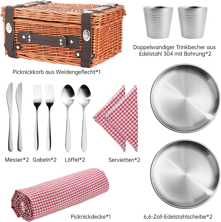 Weiden-Picknickkorb für 2 Personen, Weidenkorb mit Wasserfester Picknickdecke und Besteckset, Pickni
