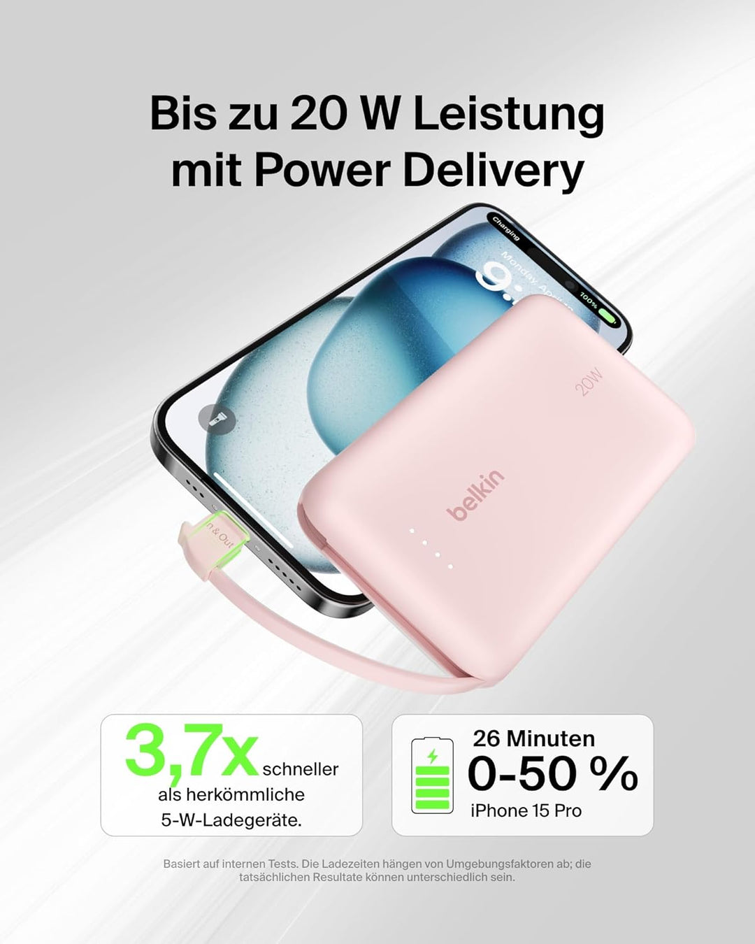Belkin BoostCharge Power Bank, Portable Powerbank 10000mAh mit integriertem Kabel, PD 20 W – USB-C P