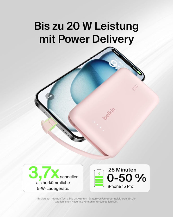 Belkin BoostCharge Power Bank, Portable Powerbank 10000mAh mit integriertem Kabel, PD 20 W – USB-C P