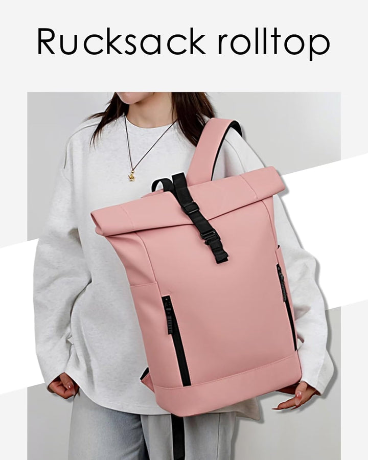 Rolltop Rucksack Damen Wasserdicht Klein Laptop Rucksack mit Computerfach 16 Zoll Elegant Reiserucks
