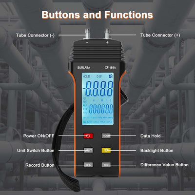 SURLABA Digitales Manometer, Differenzdruckmessgerät Messbereich 6PSI, Gasdruckmessgerät mit 11 Einh