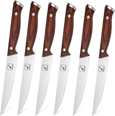 imarku Steakmesser 6-teilig Set aus deutsche Edelstahl mit Pakka-Holzgriff, scharfe gezahnte Pizzame