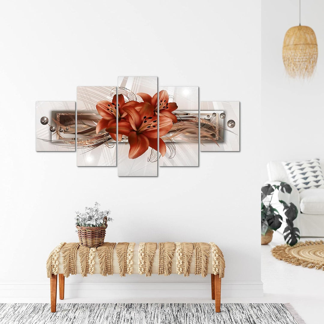 Runa Art - Bilder Blumen Lilien 200 x 100 cm 5 Teilig XXL Wanddekoration Design Beige Braun 008751b