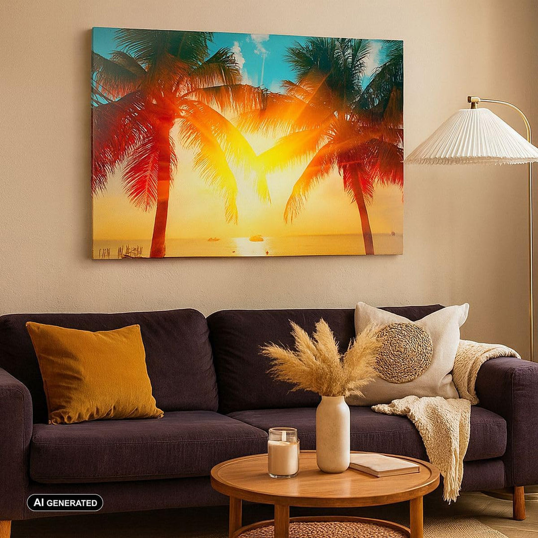 Bilder auf Leinwand 100x70cm Leinwandbild mit Rahmen Meer Palme Wasser Gross Wanddeko Bild Schlafzim