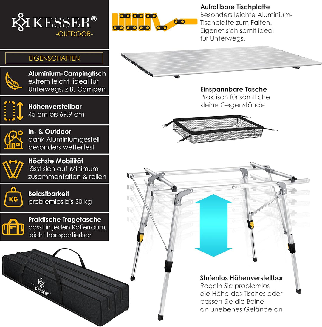 KESSER® Campingtisch faltbar Klapptisch mit Aluminiumrahmen Aufrollbare Tischplatte Falttisch klappb