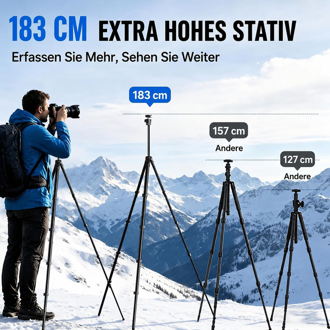 183 cm Kamera stativ mit 360° Kugelkopf, Leichtes Stativ für Smartphone mit Funkfernbedienung, Kompa