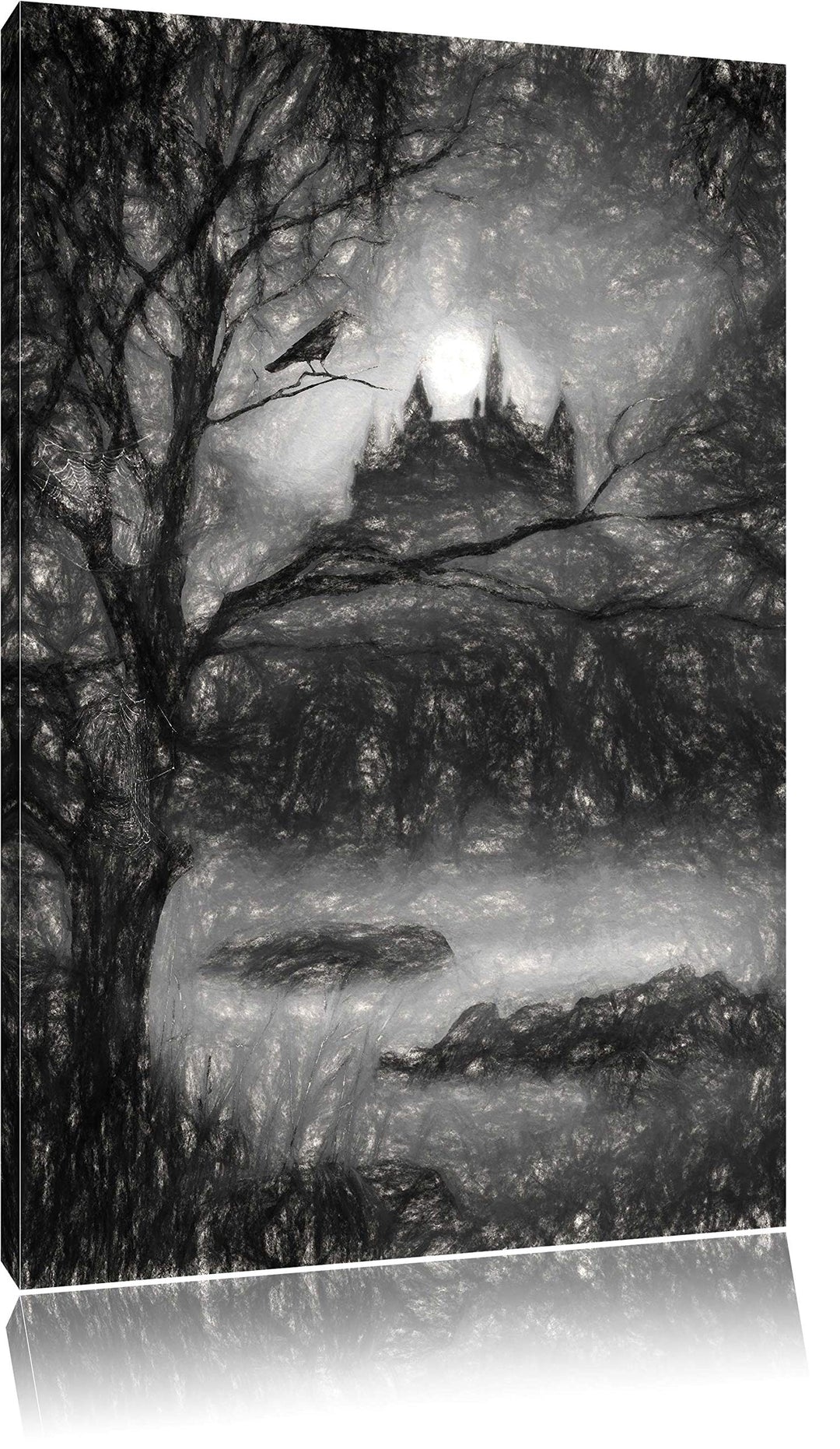 düstere Burg Kohle Effekt, Format: 100x70 auf Leinwand, XXL riesige Bilder fertig gerahmt mit Keilra