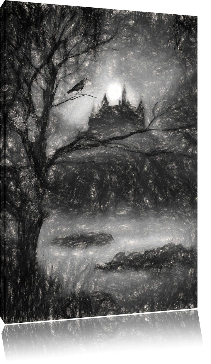 düstere Burg Kohle Effekt, Format: 100x70 auf Leinwand, XXL riesige Bilder fertig gerahmt mit Keilra