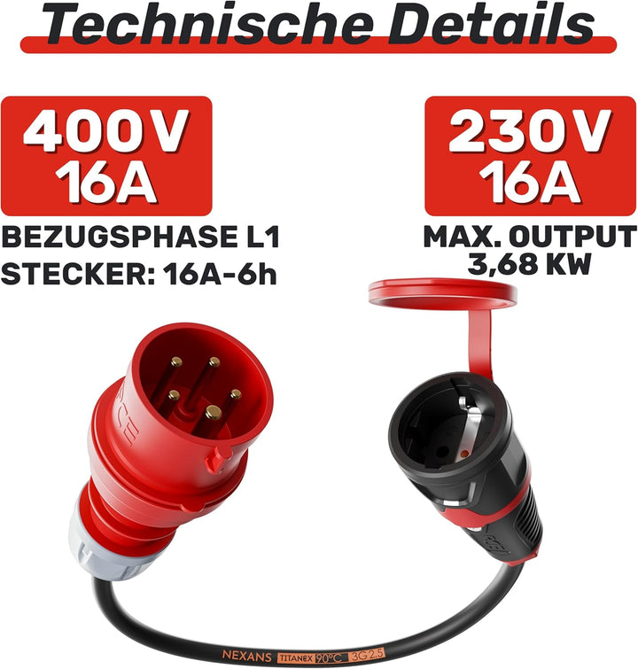NWP Adapter 16A 400V Stecker Starkstrom auf 230V Schuko Kupplung - IP44-3x2,5mm² Gummischlauchleitun
