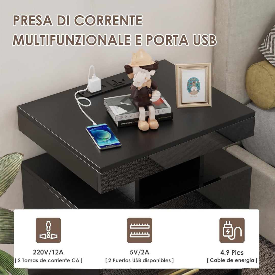 Lvhecforhm Nachttisch mit Ladestation, Nachtschrank mit Steckdosen und USB Anschlüsse, Nachttisch mi