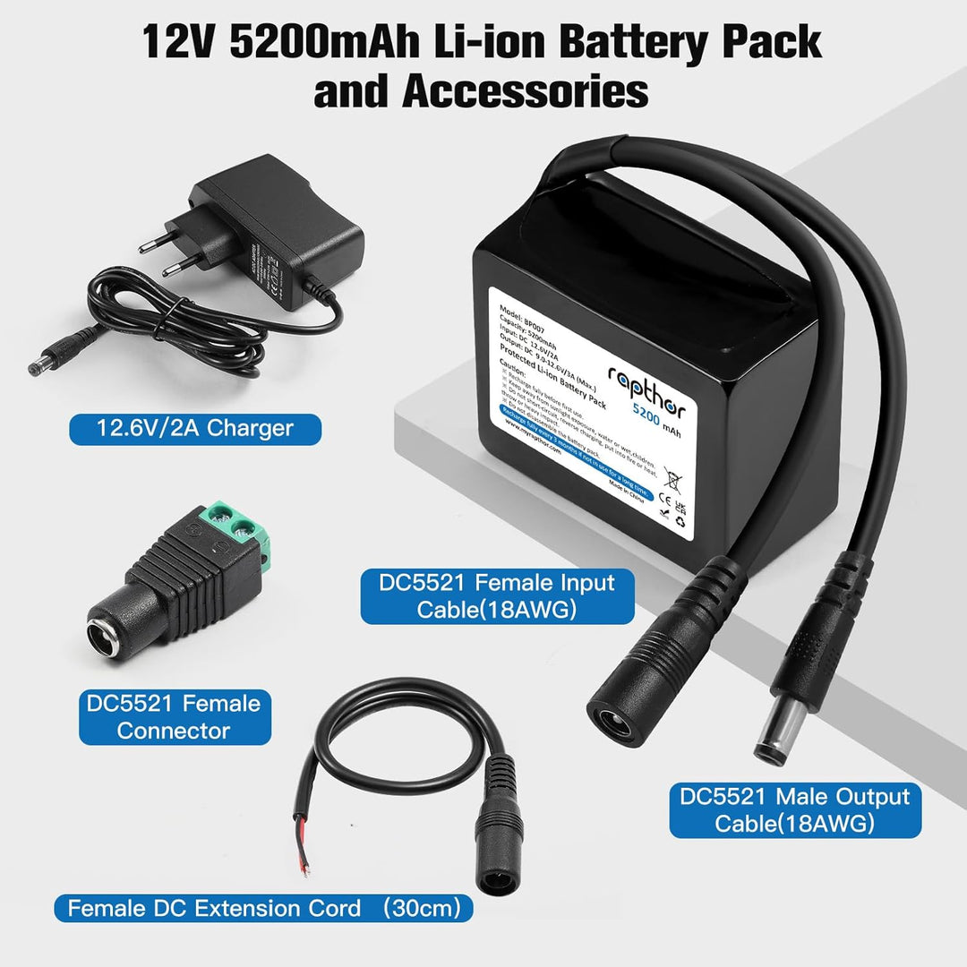 Rapthor Wiederaufladbarer 12V 5200mAh Lithium-Ionen-Akku mit 12,6V 2A Schnellladegerät und DC5521-An