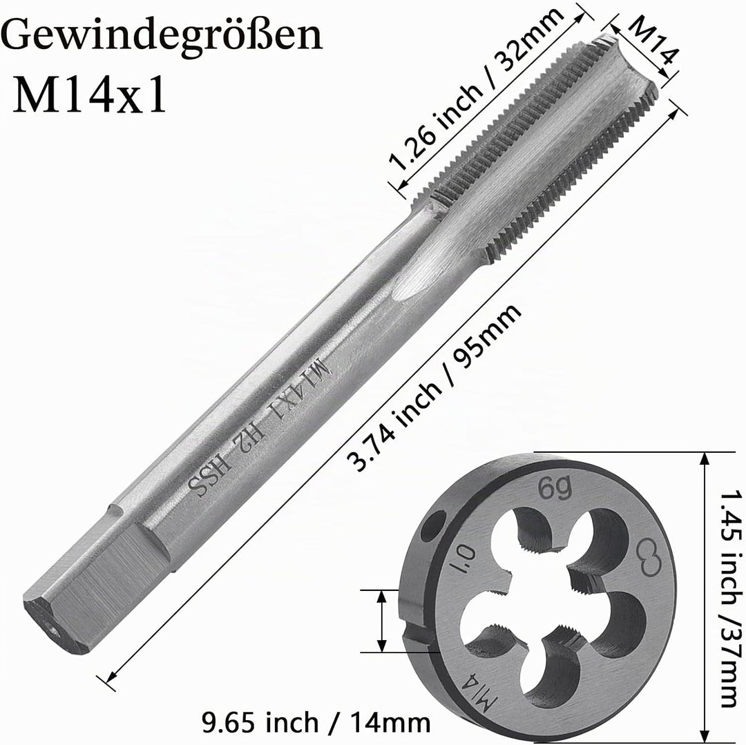 Gewindeschneid M14 x 1mm, HSS Gewindebohrer und Schneideisen Set, Rechtsgewinde Feingewinde Schneide