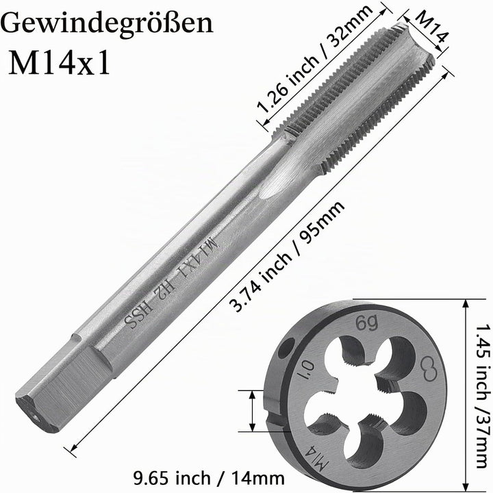 Gewindeschneid M14 x 1mm, HSS Gewindebohrer und Schneideisen Set, Rechtsgewinde Feingewinde Schneide