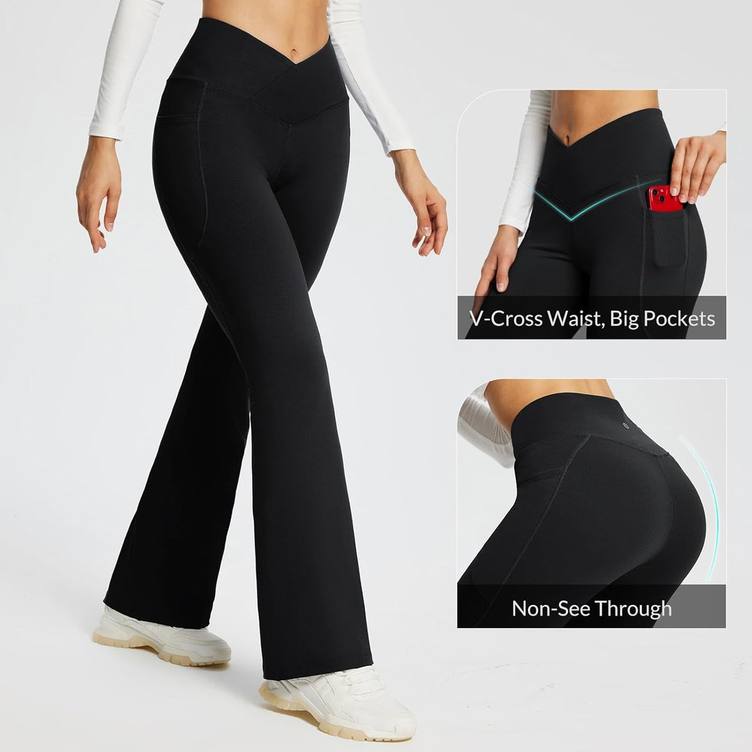 BALEAF Damen Yoga Hose mit Taschen High Waisted Flare Leggings Casual Workout Weite Beinhose M Aa-sc