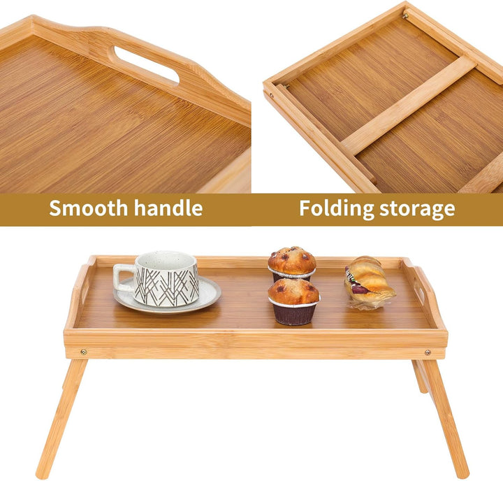 Betttisch Klappbar, Bambus Betttablett Serviertablett Frühstückstablett mit Beinen und Griffen, Tabl