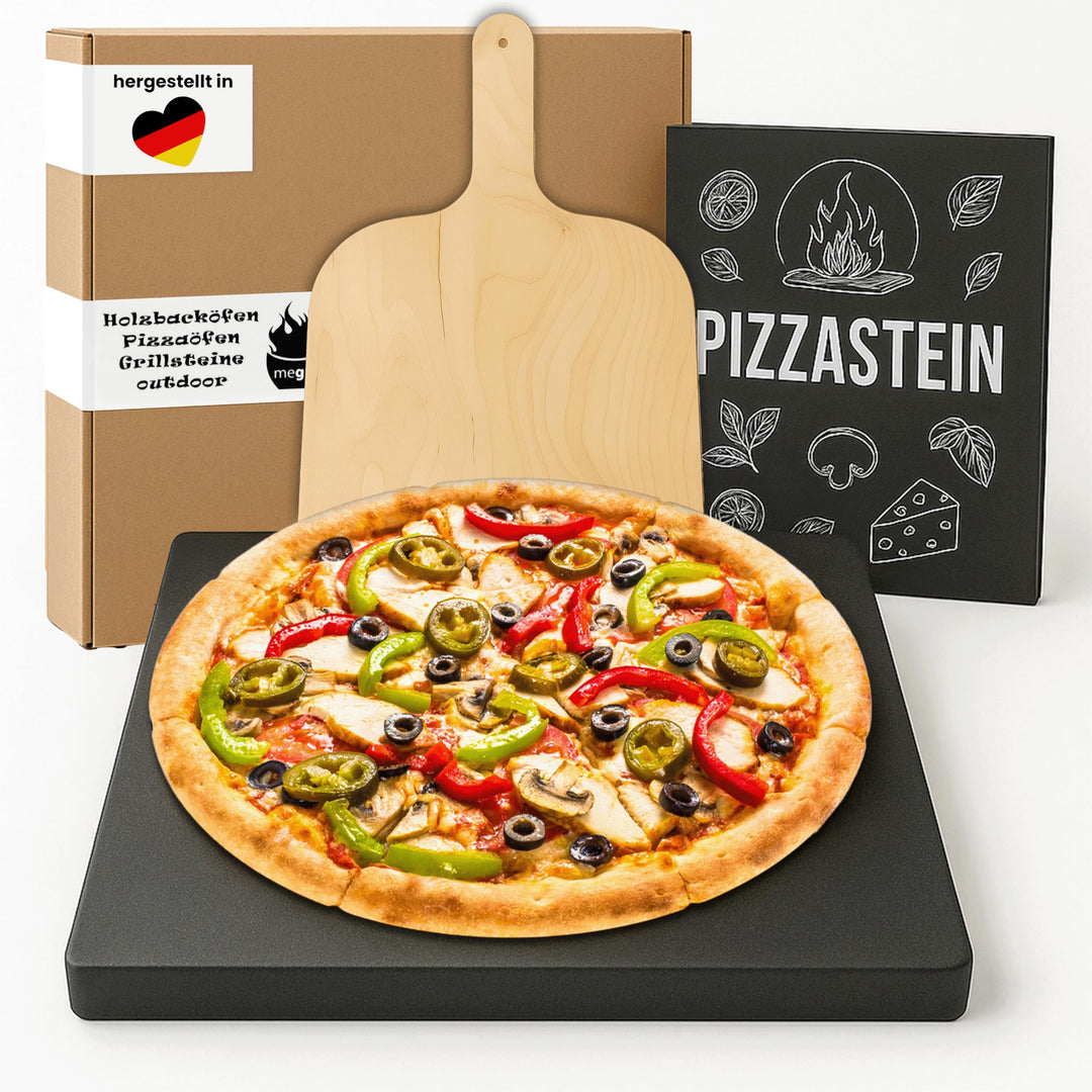 Pizzastein, Brotbackstein aus glasiertem Cordierit 375x295x19mm mit Holzschieber 46x30cm
