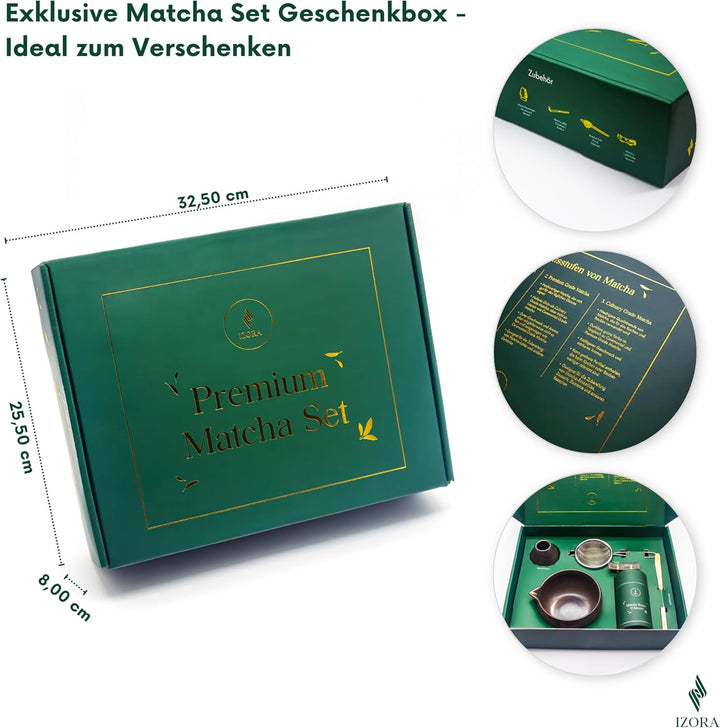 Izora Premium Matcha Set – handgefertigtes Zubehör aus Keramik & Bambus, inkl. Edelstahl-Sieb, Rezep
