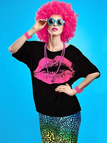 Blulu 80er Jahre Damen Kostüm Set, T Shirt, Legging Hose Ohrring Halskette Handschuhe Armband XL Far