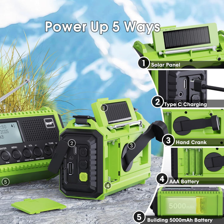 Kurbelradio DAB Radio, Baustellenradio mit Akku 5000mAh Wiederaufladbare, UKW/DAB Plus Radio, Akku R