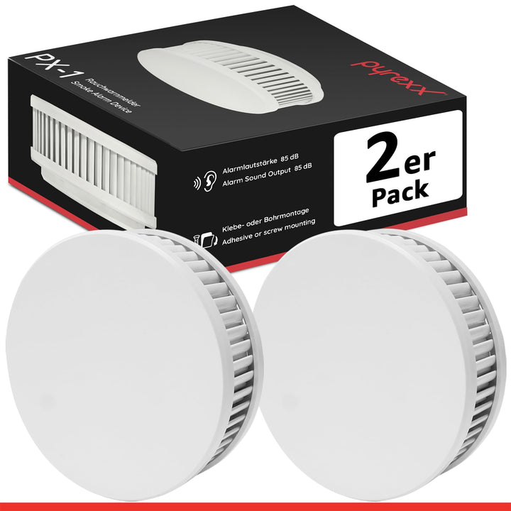 Pyrexx PX-1 Rauchwarnmelder - 2 Stück - 10 Jahre Batterie mit Magnet-Halterung ohne Bohren und LED-B
