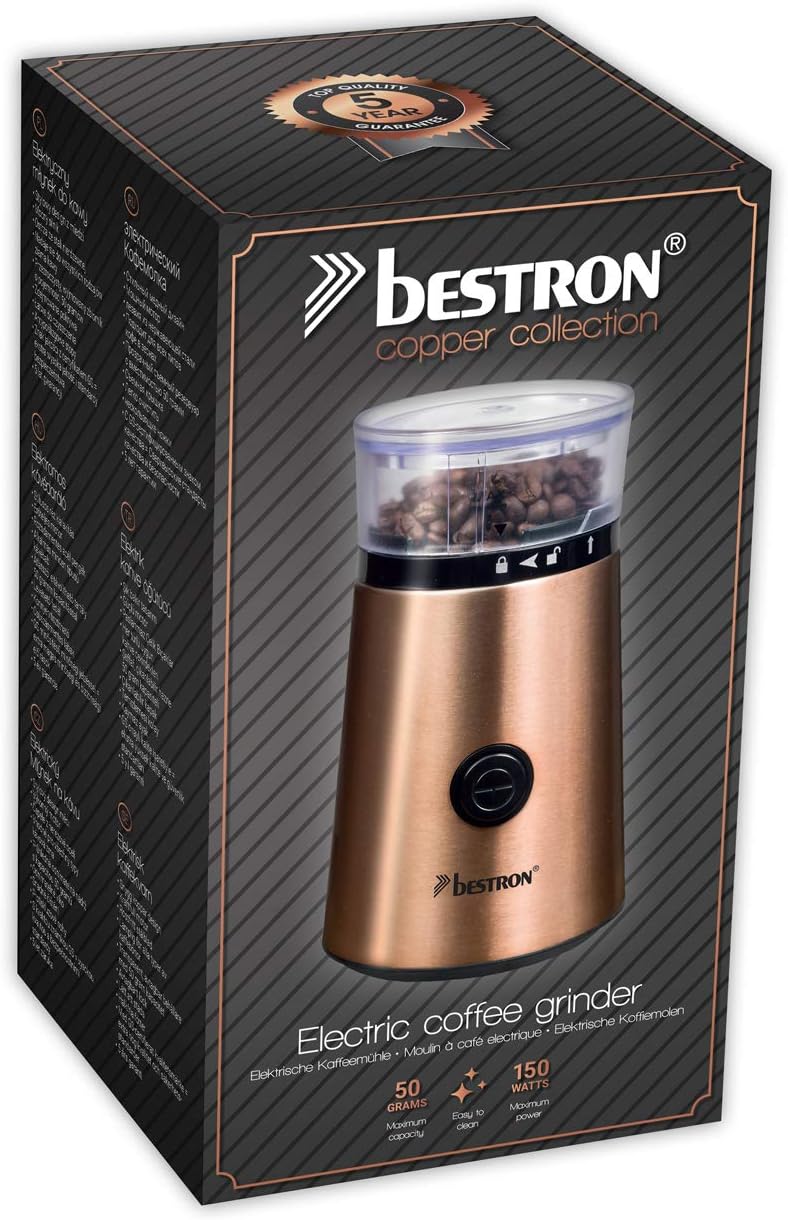 Bestron Elektrische Kaffeemühle mit Edelstahl-Schlagmesser, Füllmenge: 50g, 150 W, Edelstahl in Kupf