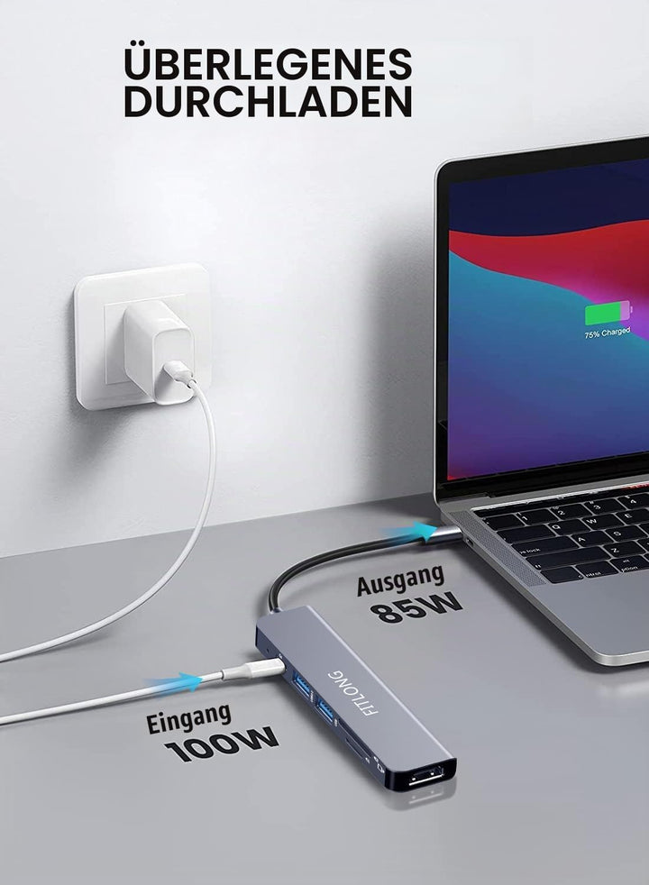 FITLONG USB C Hub, USB C Adapter kompatibel mit MacBook Pro / Air Adapter, 6 in 1 mit 4K HDMI Ausgan