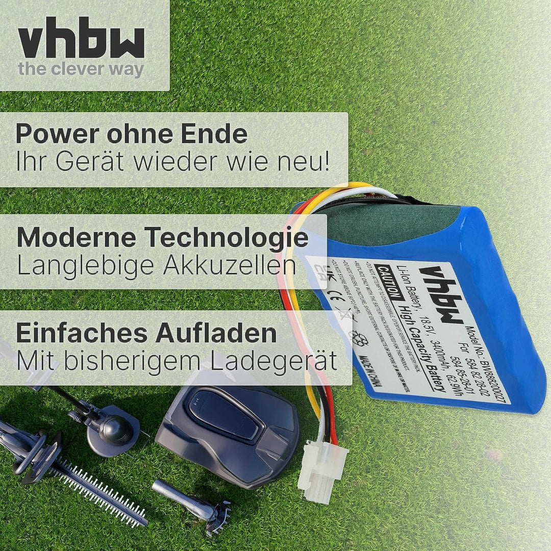 vhbw Akku kompatibel mit Husqvarna Automower 310 (2015-2018) Rasenmäher (3400mAh 18,5V Li-Ion)