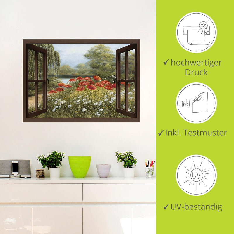 ARTland Wandbild selbstklebend Vinylfolie 100x70 cm Fensterblick Landschaft Blumen Mohnblumen See Bl