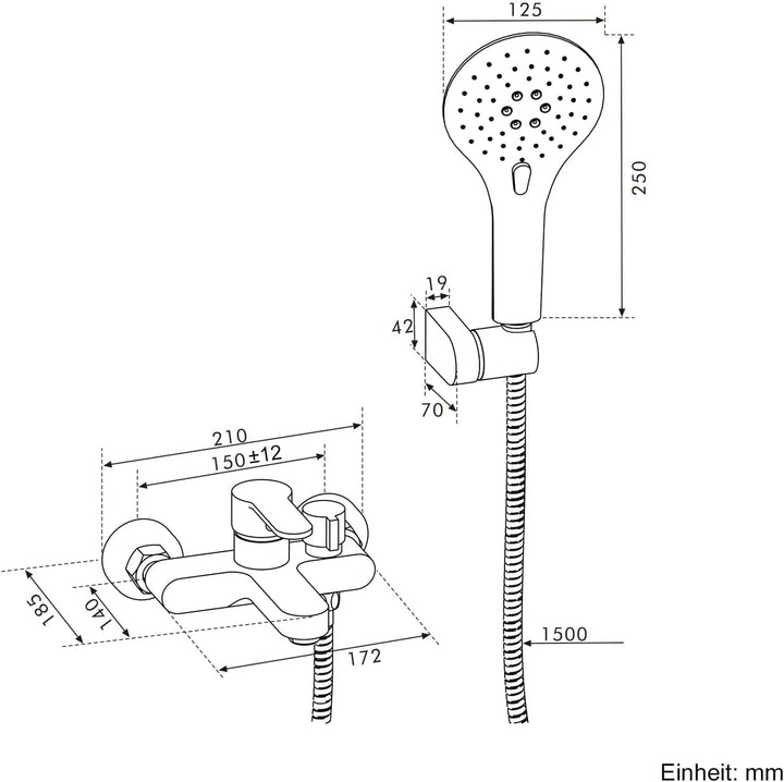 ROVOGO Badewannenarmatur mit 3-Funktionen Handbrause, Einhebel Wannenarmatur, Aufgerüstet Messing Dr