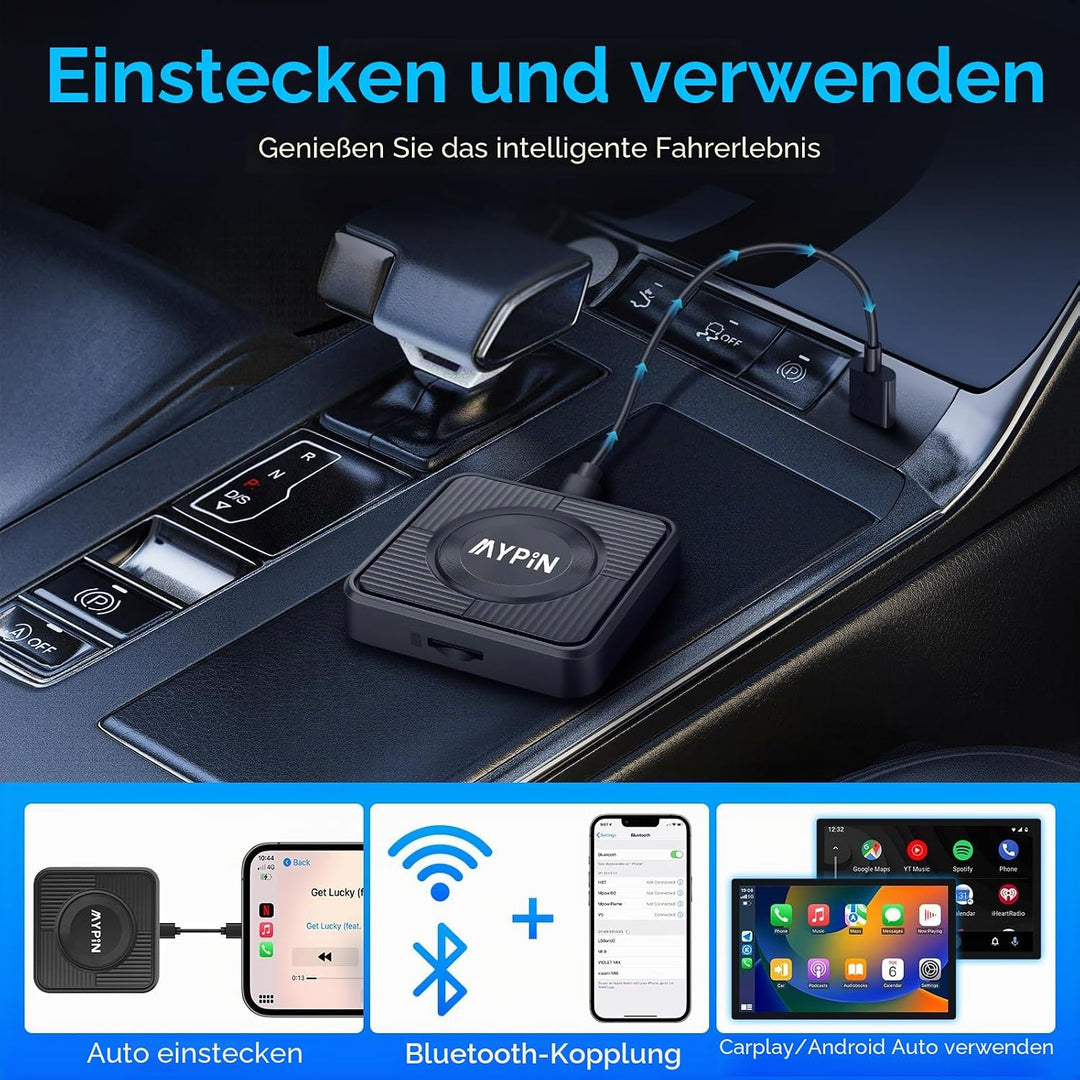 MYPIN Wireless CarPlay Adapter, 3-IN-1 CarPlay/Android Auto/Video Adapter, Plug & Play, Eingebauter