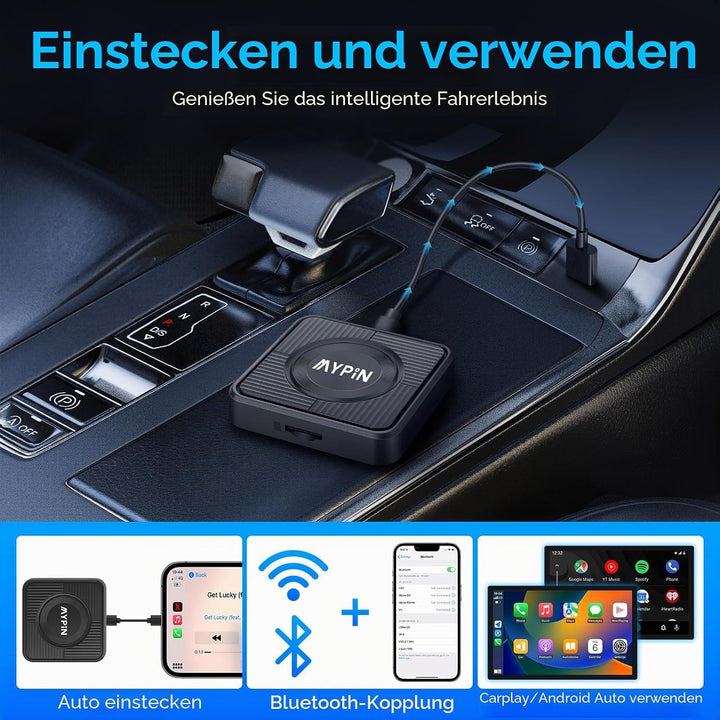 MYPIN Wireless CarPlay Adapter, 3-IN-1 CarPlay/Android Auto/Video Adapter, Plug & Play, Eingebauter
